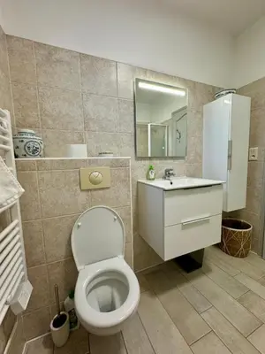a bathroom with a toilet and a sink and a mirror at Evasion de rêve à Casa Nina in Borgo