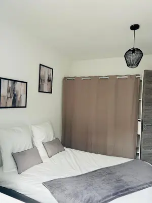 a bedroom with a bed with a brown curtain at Appartement T2 Corte in Corte