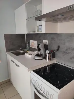 a kitchen with white cabinets and a stove and a sink at Rose Corse in Santa-Maria-Figaniella