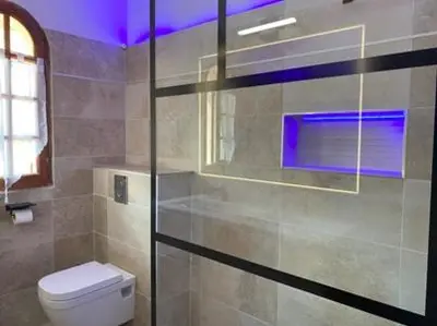 a bathroom with a toilet and a glass shower door at Residence ELLADA 1 in Cargèse