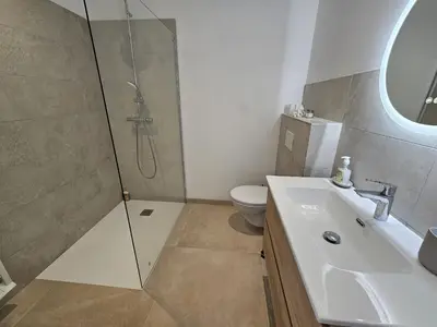 a bathroom with a shower and a sink and a toilet at LABELLE- Vue mer panoramique - Piscine privée - Clim -WIFI in Sari Solenzara