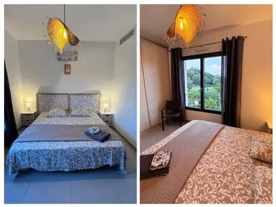 two pictures of a bedroom with a bed and a window at Appartement dernier étage avec spa privatif sur grande terrasse in Porto-Vecchio