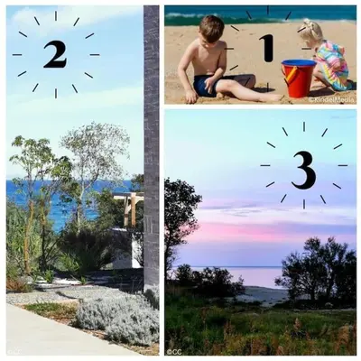 a collage of four pictures of a child playing on the beach at Appt T4 Accès Plage, piscine privée, clim N3-4 in Linguizzetta