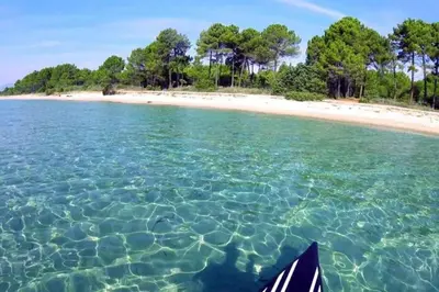 a boat in the water next to a beach at Appt T4 Accès Plage, piscine privée, clim N3-4 in Linguizzetta
