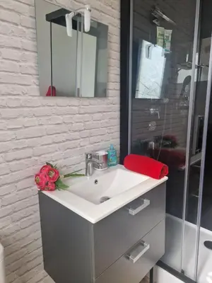 a bathroom with a sink and a mirror at Maison pour 4 personnes en bord de mer in Borgo
