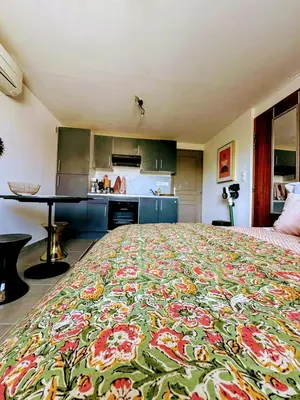 a large bed in a room with a kitchen at Casa Carlu Maria III in Corte