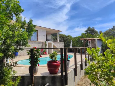 a house with a swimming pool in a yard at Villa Mare e Machja in Zonza