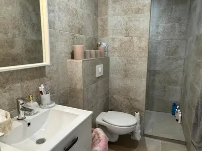 a bathroom with a toilet and a sink and a shower at Logement 5 mn de la mer Milla 2 in Ventiseri