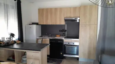 a kitchen with a stove and a refrigerator at Logement 5 mn de la mer Milla 2 in Ventiseri
