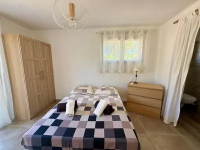 a bedroom with two beds and a chandelier at Villa avec Piscine proche plages et commerces in San-Gavino-di-Carbini