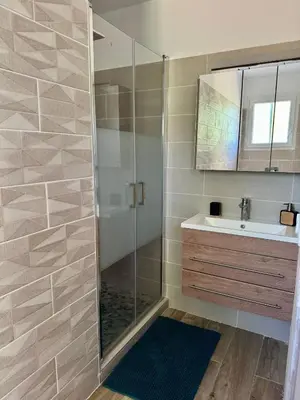 a bathroom with a shower and a sink at Villa avec Piscine proche plages et commerces in San-Gavino-di-Carbini