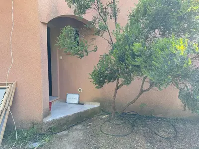 a small tree in front of a building at villa arbutu in Olmeto