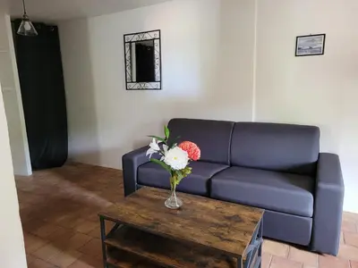a living room with a couch and a vase of flowers on a table at La maison de corse in Feliceto