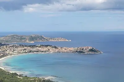 an aerial view of a beach and the ocean at Casa Figarella in Calenzana