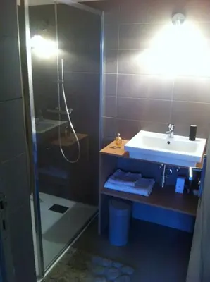 a bathroom with a shower and a sink at Villa Pieds dans l eau in Porto-Vecchio