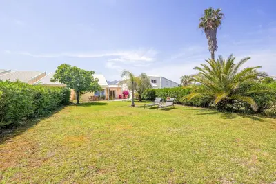 a yard with two benches and a palm tree at Palmeria - Maison climatisée accès direct plage in Canale-di-Verde