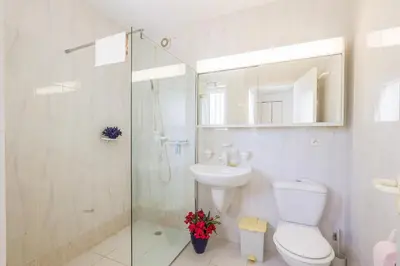 a bathroom with a shower and a toilet and a sink at Palmeria - Maison climatisée accès direct plage in Canale-di-Verde
