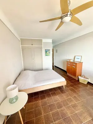 a bedroom with a bed and a ceiling fan at A 20min d AJACCIO, Grand studio 3 personnes - pieds dans l'eau - accès direct plage - vue mer exceptionnelle in Casaglione