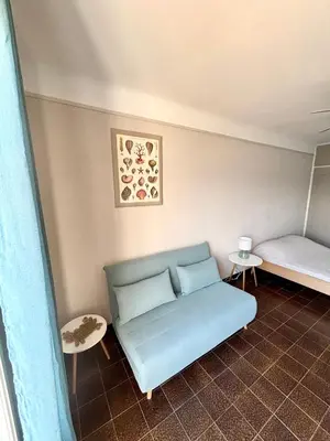 a living room with a couch and a bed at A 20min d AJACCIO, Grand studio 3 personnes - pieds dans l'eau - accès direct plage - vue mer exceptionnelle in Casaglione