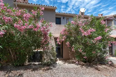 two trees with pink flowers in front of a house at Libertà - Appt à porticcio climatisé proche plage in Grosseto-Prugna