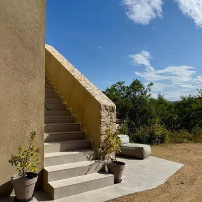 a staircase with two potted plants next to a building at Bella Vita in Calenzana