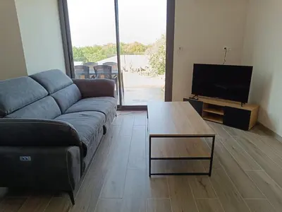 a living room with a couch and a flat screen tv at Dume et Coco F2 55 M2 Vue mer in Taglio-Isolaccio