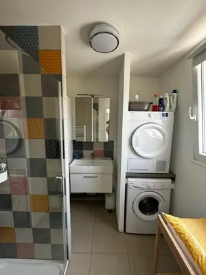 a bathroom with a washing machine and a washer at Maison a la plage in Poggio-Mezzana