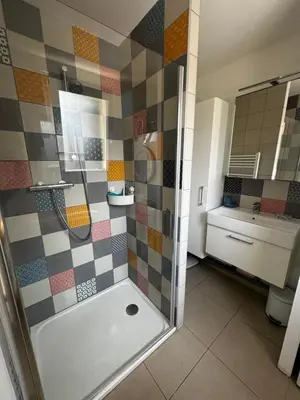 a bathroom with a shower with a tiled wall at Maison a la plage in Poggio-Mezzana