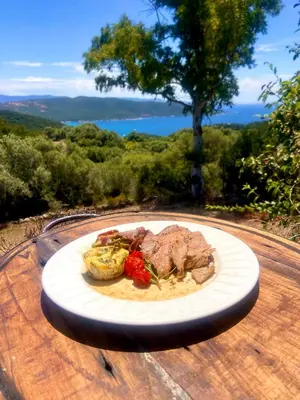 a plate of meat and vegetables on a table at A Malgrana - Tente lodge hébergement insolite in Coti-Chiavari