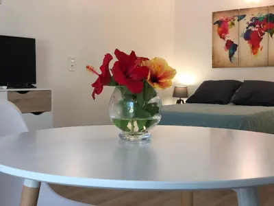 a vase of flowers sitting on top of a table at Perla Di Macchia in Bonifacio