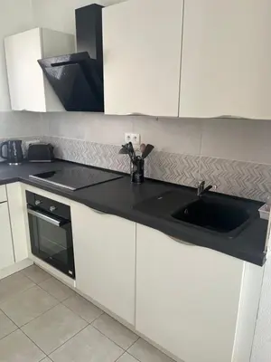 a kitchen with white cabinets and a black sink at Corse villa T3 piscine in Santa-Maria-Poggio