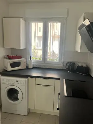 a kitchen with a washing machine and a microwave at Corse villa T3 piscine in Santa-Maria-Poggio