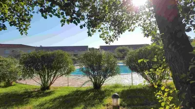 a fence with trees in front of a swimming pool at Corse villa T3 piscine in Santa-Maria-Poggio