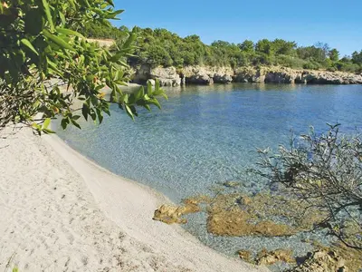 a beach with blue water and trees in the background at Villa Villa Orizonte by Interhome in Favone