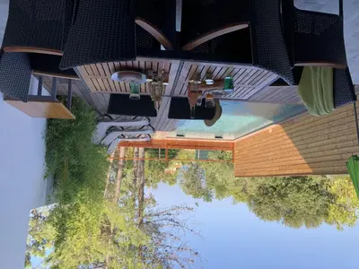 an overhead view of a building with a swimming pool at Apartment Les Jardins d'Ève- F3 by Interhome in Favone
