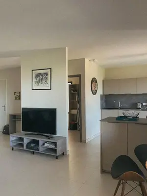 a living room with a flat screen tv on a entertainment center at Appartement spacieux 6 personnes sur le vieux port in Porto-Vecchio