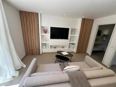 a living room with a couch and a flat screen tv at Perla Bianca in Bonifacio