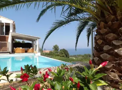 a villa with a swimming pool and a palm tree at Villa avec vue sur la mer à Sari-Solenzara, piscine privée in Sari Solenzara