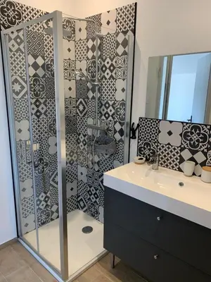 a bathroom with a shower with a sink and a mirror at Chambre indépendante dans villa bord de mer in Vico