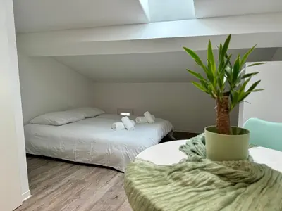 a room with a bed and a table with a potted plant at Chambre de charme à Evisa in Evisa