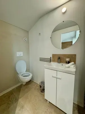 a bathroom with a toilet and a sink and a mirror at Chambre de charme à Evisa in Evisa