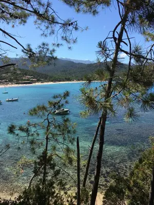 a view of a beach with boats in the water at Appartement MAEVA duplex vue mer à Favone in Conca