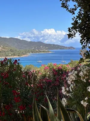 a view of a beach with boats in the water at Appartement MAEVA duplex vue mer à Favone in Conca