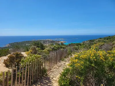 a fence on a hill next to the ocean at BandB les rosiers - chambre Garance in Conca