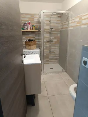 a bathroom with a shower and a sink and a toilet at Doume et Coco T1 30M2 Vue mer in Taglio-Isolaccio