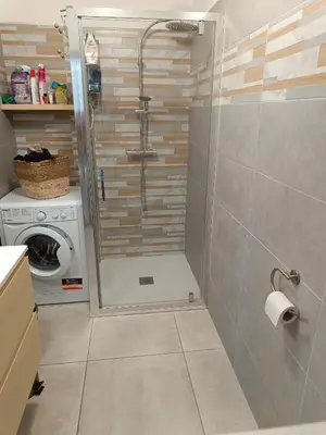 a bathroom with a shower and a washing machine at Doume et Coco T1 30M2 Vue mer in Taglio-Isolaccio