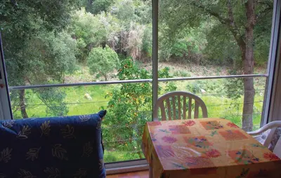 a table and chairs in front of a window at Nice Apartment In Sagone With Kitchen in Sagone