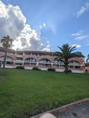 a large building with a palm tree in front of it at Vue sur mer cala Di sognu in San-Nicolao