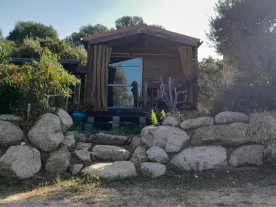 a house with a stone wall and a window at Petit chalet in Pianottoli-Caldarello