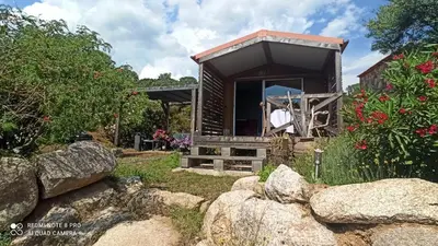 a tiny house in a garden with rocks at Petit chalet in Pianottoli-Caldarello